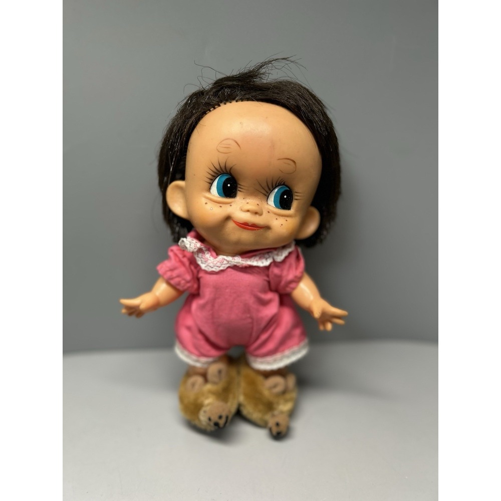 Vintage 1960s Forsum Japan Big Eyed Doll Blue Eyes With Outfit & Slippers 9"